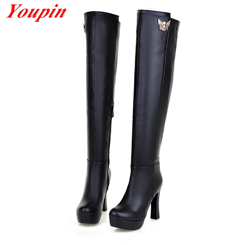 Sequined Knee Boots 2015 Latest Hoof Heels High Boots Winter Short Plush Woman Shoe Black Plus Size Slip-On Sequined Knee Boots