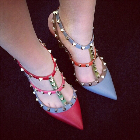 2015 Hot Fashion Women Shoes Pumps Spell Color Pointed Toe High Heels Buckle Studded Stiletto Heel