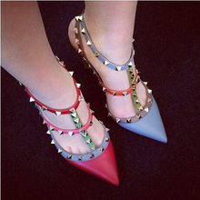 2015 Hot Fashion Women Shoes Pumps Spell Color Pointed Toe High Heels Buckle Studded Stiletto Heel Sandals Shoes Plus Size