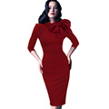 Vintage Elegant Bow Women Party Work Dress Long OL Office Lady Bodycon Pencil Dresses Vestido Vestir