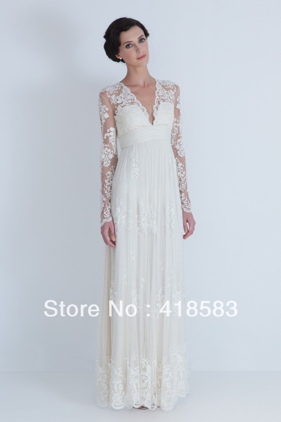 Long sleeves Elegant Applique Ankle length Wedding Dress Sheath Column V Neck Tulle Net Bridal Dress
