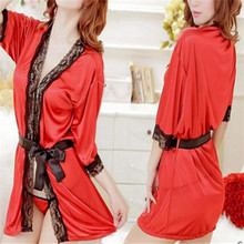 Sexy Lingerie Underwear Set Faux Silk Lace Work Sleepwear Bathrobe Bath Robe Nightgown for Women