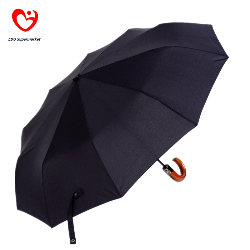10 Spokes Automatic 3 Fold Curved Wooden Handle Men Black Windproof Rain Umbrellas For Sale 2015 Chinese Famous Brand Umbrella