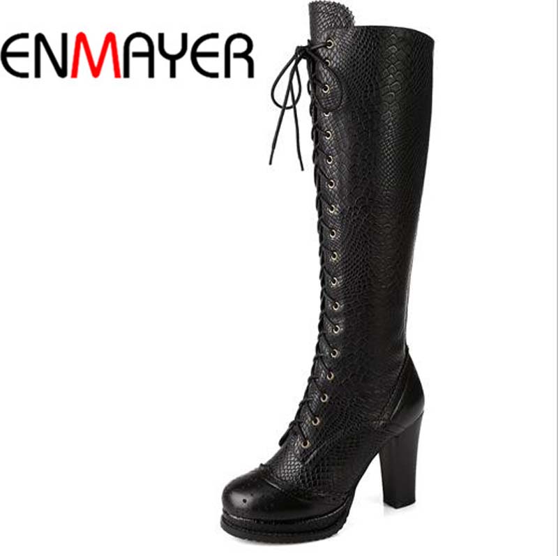 Фотография ENMAYER Full Grain Leather Boots For Women New Fashion Round Toe High Boots Shoes Hot Carving Winter Lace-Up Knee-High Boots