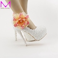 2016 White Lace Flower Wedding Shoes Ankle Strap with Applique Princess Platform High Heel Bridal Dress