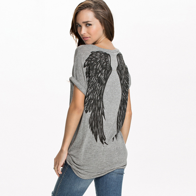 2015 New spring summer T-shirts women unique angel wings back  printing short sleeve loose tshirt ladies t shirt G1072