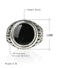 Men Jewelry Vintage Look Black Enamel 925 Sterling Silver Ring Circular Ring Surface Classic Pattern Fashion