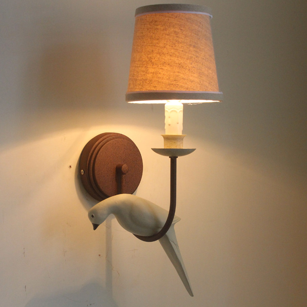 American Country Brief Bird Shape Wall Light Base Sconce E14 Fabric Wood Engraved Vans of the ...