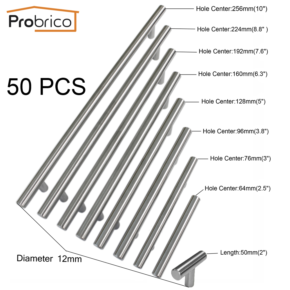 Probrico 50 PCS Diameter 12mm CC 50mm 256mm Stainless Steel Kitchen Cabinet T Bar Knob Furniture