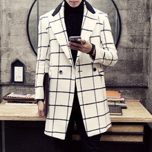 2016 Brand High Quality Plus Size Mens Plaid Wool Coat Male Winter Warm Woolen Jackets Turn-down Collar Slim Fit Trench MCT62