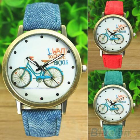 Women s Fashion Bike Bronze Jean Fabric Band Quartz Analog Wrist Watch 2K7L
