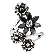 Unique Vintage Flower Black ring For Women Silver Plated Rhinestone Encrusted Bohemia Charm Rings Fashion Jewelry Free Shipping