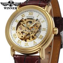 Wrg8075m3g3 ganador automático hombres reloj esqueleto de color oro con correa de cuero marrón con caja de regalo envío gratis Forsining reloj