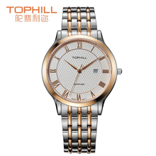 Men Classic Tophill reloj 316 acero inoxidable números Roma Dial SS doble empujador de despliegue de la mariposa broche