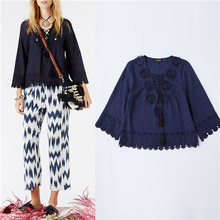 2016 spring summer women tunicas femeninas vintage national embroidered v-neck fashion royal blue white linen blouses for women