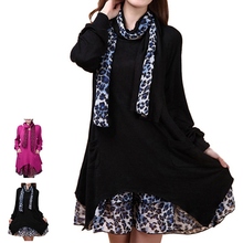 High Quality Spring Maternity Dresses Pregnancy Clothing Plus Size Loose Knitted Leopard Print Clothes For Pregnant Women+Scarf