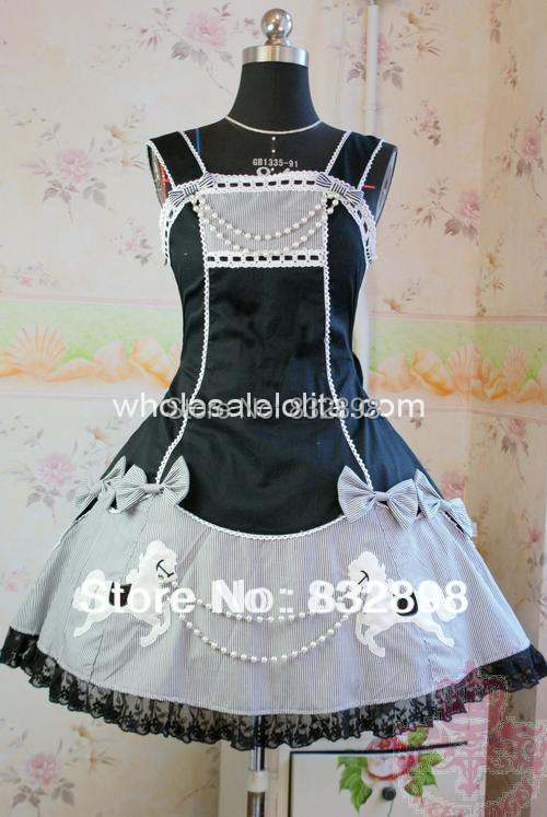 Japanese Sleeveless Sweet Lolita Dress Embroidery  Black JSK Bead Chain Cotton Dress