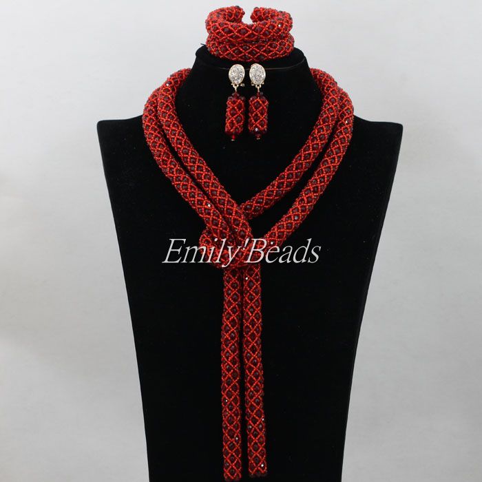 Splendid Red Crystal Beads Necklace Set Nigerian Traditional Wedding African Beads Bridal Jewelry Set Free Shipping AIJ319