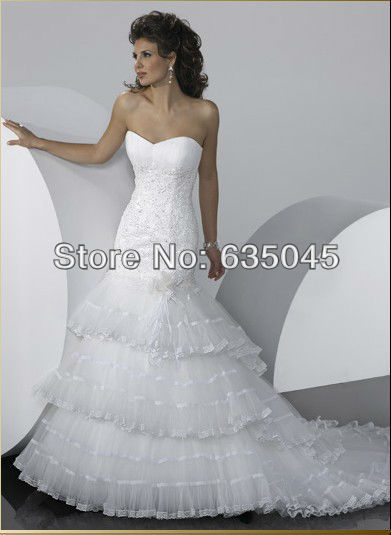 Vestido De Noiva 2015 Custom Made WhiteTulle Applique Crystal Beading Ruffles Lace Mermaid Wedding Dress Bridal