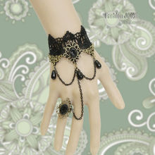 New Handmade Black Lace Multi Beads Drop Chain Floral Metal Bronze Adjustable Ring Bracelet SET Gothic Lolita Ball Slave Fashion