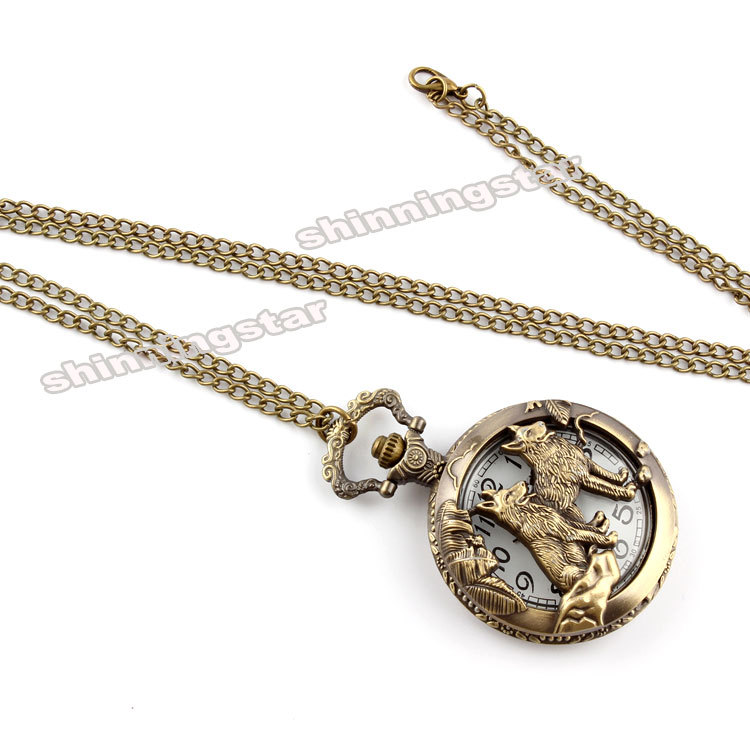 Antique Bronze Wolf Hollow Quartz Pocket Watch Necklace Pendant With Chain High Quality Mens Pocket Watch