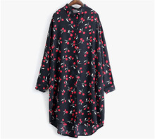 2016 Women Long Bouse Casual Shirts Loose Cherry Printed Chiffon Blouse Women Long Shirts Ladies Turn-down Collar Plus Size Tops