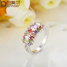 BAMOER White Gold Natural Sapphire Ruby Ring with Trapezoid AAA Multicolor Imitation Diamond For Women Engagement