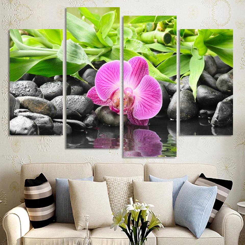 4 Panel Wall Art Botanical Green Feng Shui Orchid Oil Painting On Canvas Quartz crystal Abstract Paintings Pictures Decor H160