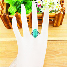 Vintage Look Tibetan Zinc Alloy Antique Silver Plated Delicate Leaf Turquoise Bead Ring R015 4
