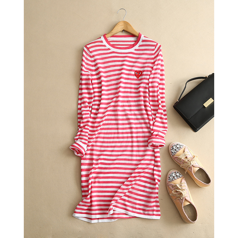 Heart Embroidered Ladies Striped Dresses 2015 Pre Fall New Women Tshirt Dress Casual Tunique Femme 2015 Robe Ete 2015 Autumn
