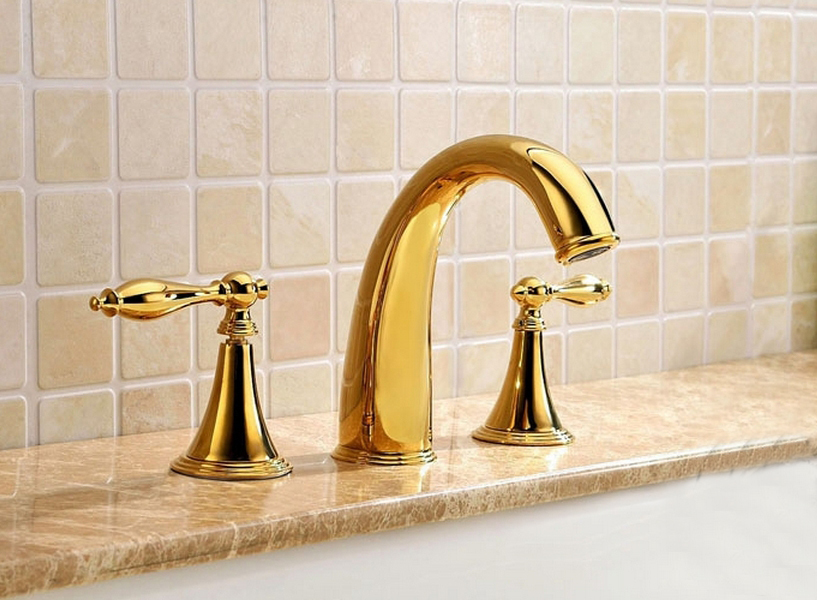 Free Shipping basin faucet Solid Brass Chrome Finished 3 Pcs gold Faucet Set 2 Handles Sink Basin Faucet, Basin Tap BF022-G