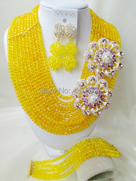 Charming Brooches Yellow Crystal Nigerian Beads Necklaces African Wedding Beads Jewelry Set CPS5061