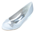 Elegant satin silk glossy med low heel slip on shoes rhinestone brooch ring pumps for wedding