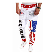 Top Design 2015 Personality Casual Pants Mens Joggers American Flag Star Print Trousers Overalls Sweatpants Hip Hop Harem Pants