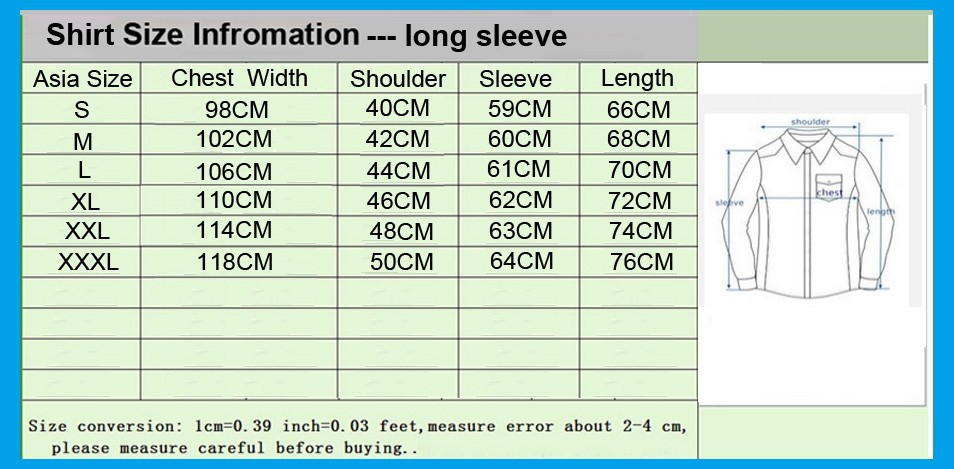 Men Shirt long sleeve Size Chart