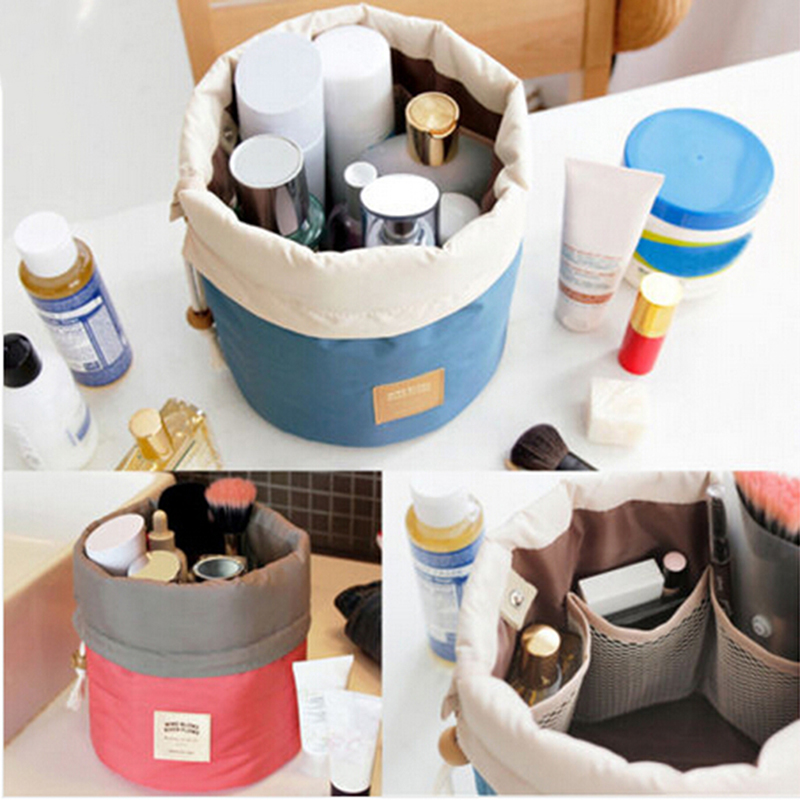 New Arrival Barrel Shaped Travel font b Cosmetic b font Bag Nylon High Capacity Drawstring Elegant