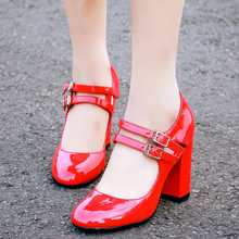 2016 New Mary Janes Pumps Double Buckle Strap Red Black Pink Sweet Summer Spring Girls Lady High Heels Thick Heel Party Shoes