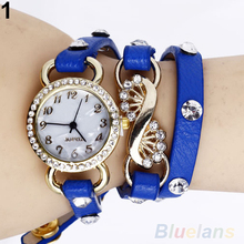 Mujeres de moda de la muchacha del Rhinestone banda de cuero pulsera pulsera de cuarzo 0E4K