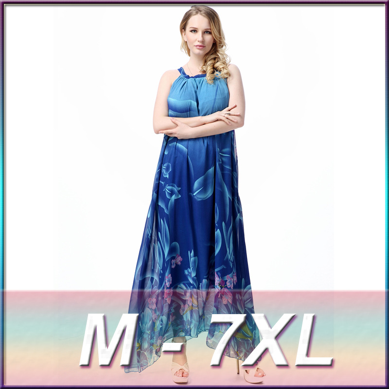 High quality plus size 2016 new bohemian style O neck sleeveless sexy elegant big swing printing