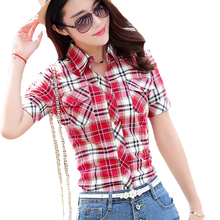 New Hot Sell Fashion Women Casual Ladies Plaid Shirts Short Sleeve Slim Turn-Down Collar Clothes Brand Shirts High Quality Tops
