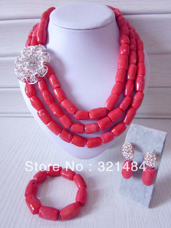 New Pink Coral Beads Jewelry Set Handmade African Wedding Jewelry Necklace Bracelet And Clip Earrings CJS-049