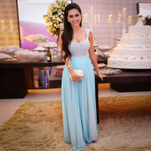 Luxury Beadings Long Prom Dresses 2016 Light Blue Spaghetti Party Dresses Evening Wear Vestido De Renda
