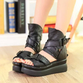 2017 Summer Genuine Leather Women Sandals Platform Women Shoes Wedge Heel Fish Head High Heels Black