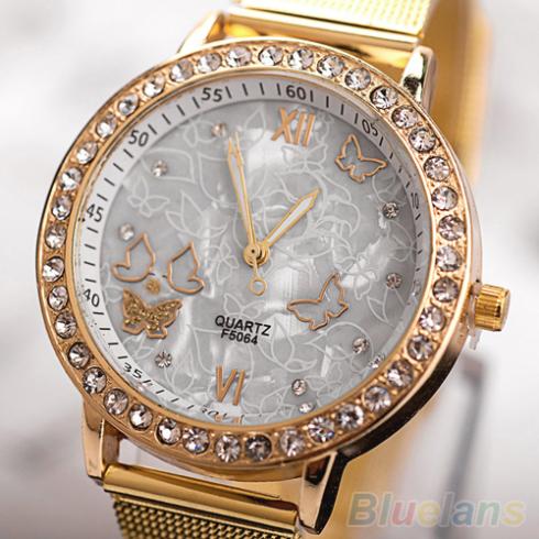 Women s Golden Color Butterfly Face Style Mesh Band Quartz Analog Wrist Watch 2BF1