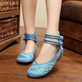 summer Bright Peacock Embroidery Women Shoes Old Peking Mary Jane Flat Heel Denim Flats with