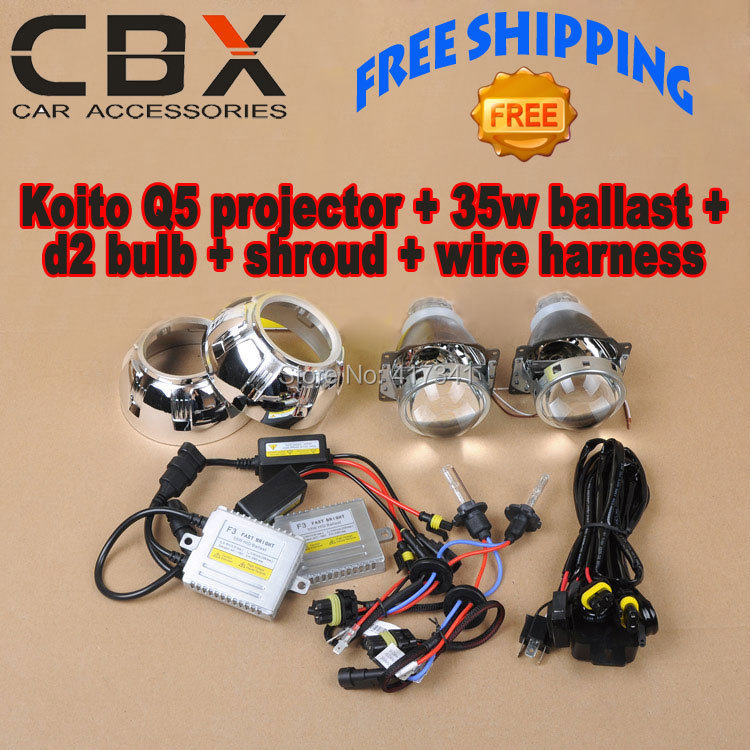 Car Headlight H4 Koito Q5 Hid Bi Xenon Projector Lens Kits 35W D2H HID Xenon Bulb HID Ballast Wire Harness Projector Shroud