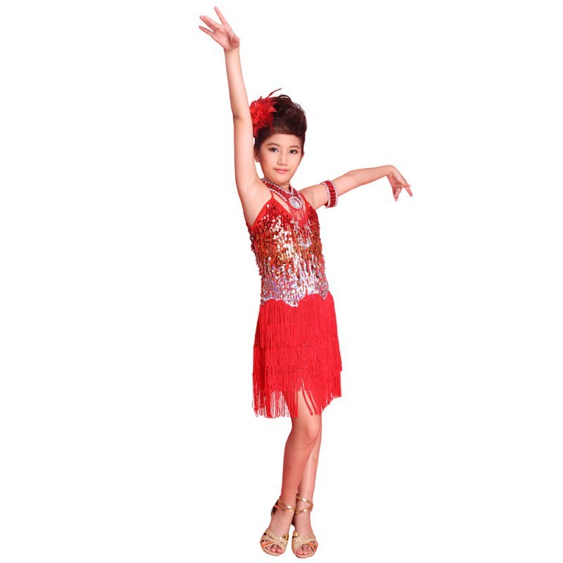 SymbolLife Girls Latin Dance Dress Children Kids Sequin Fringe Stage Performance Competition Ballroom Dance Costume Girls Latin Salsa Tango Tassel Dance Dress
