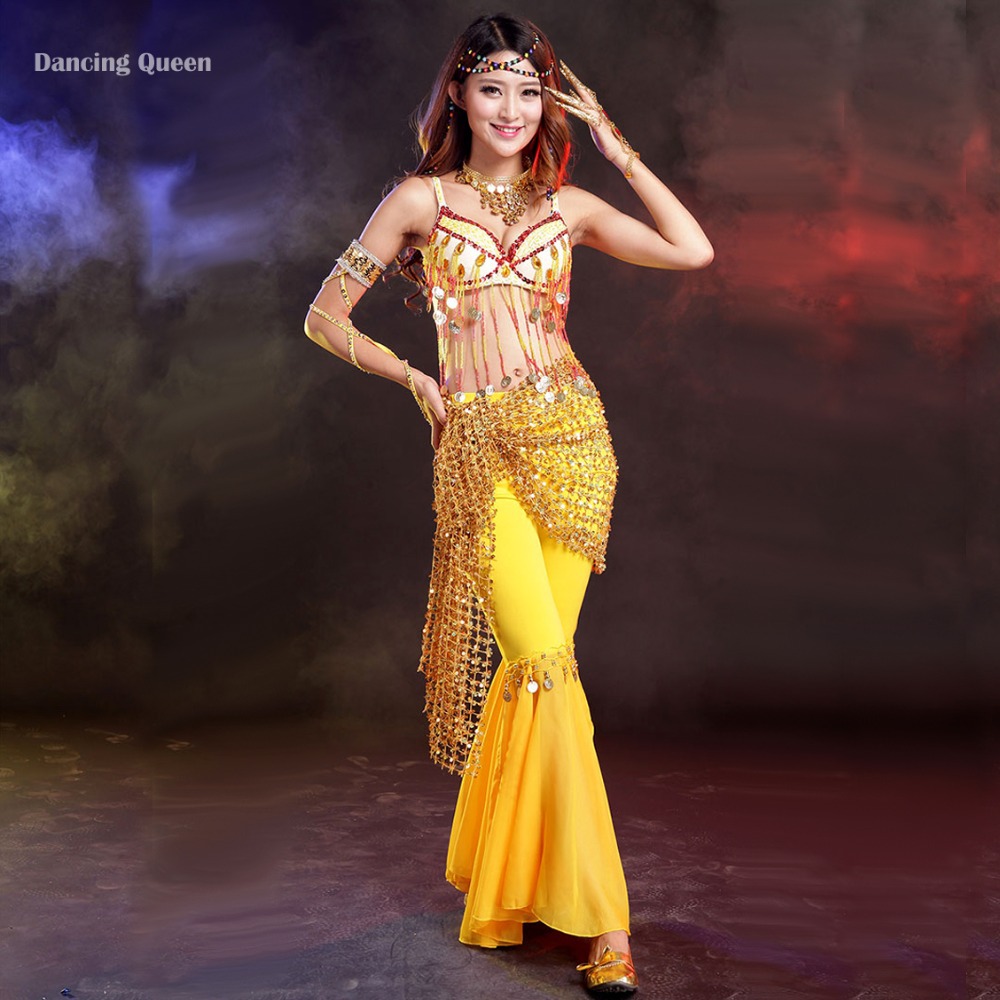 Belly Dance Costumes 4 Pcs Belly Dance Bra&Bellydance Hip Scarf&Women Belly Dancing Skirt&Handdress Indian Clothes India DQ1063