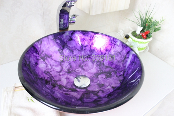 Contemporary Hand Painted Purple Tempered Glass Vessel Sink With Hot ...