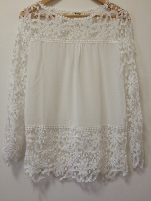 Women chiffon blouses 5xl large size fashion lace long sleeve shirt crochet blusa o-neck tops  wcx962